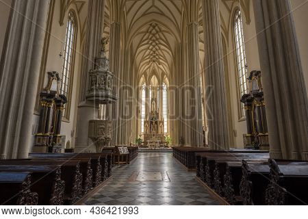 Brno, Czech Republic - April 24, 2018: Interior Of The Medieval Gothic Cathedral Of St. Yakob
