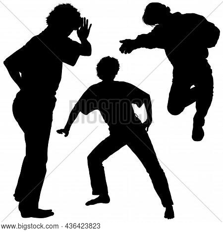 Set Of Silhouetted Guy Poses - Black Illustrations Isolated On White Backgropund, Vector