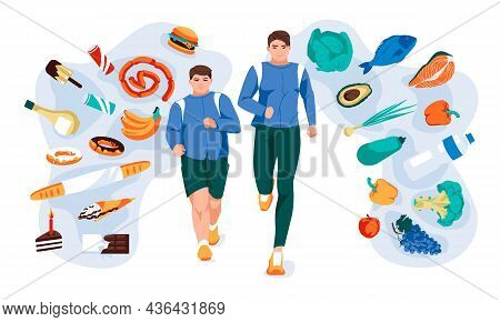 Running Men With Different Set Of Healthy And Fast Food Environment. Motivation Methaphor Flat Vecto