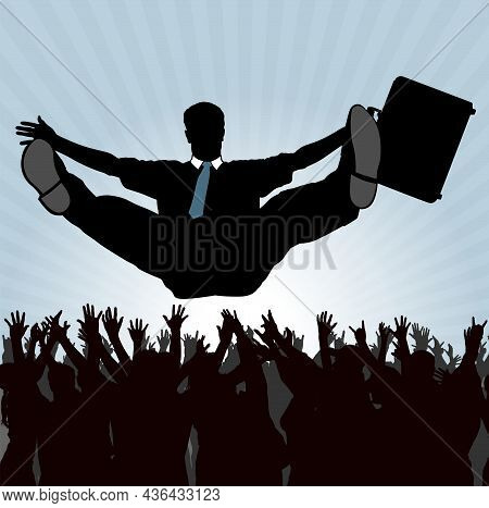 Success Businessman Holding Briefcase - Business Illustration With Silhouetted Crowd On Light Blue B