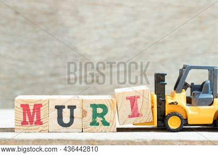 Toy Forklift Hold Letter Block I To Complete Word Muri On Wood Background
