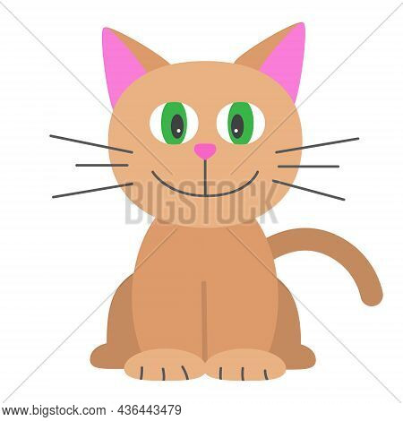Funny Cartoon Cat, Cute Vector Illustration In Flat Style. Beige And Brown Cat. Smiling Fat Kitten. 