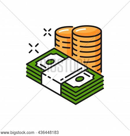 Paper Green Bills And Golden Coins, Money Payments Isolated Color Line Icons. Vector Charity Payment