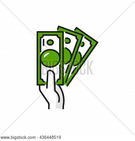Paper Bills In Hand, Money Payments And Earnings Flat Line. Vector Charity And Loan, Currency And De