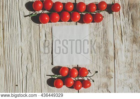 Cherry Tomatoes On Wooden Table Background With Copy Space