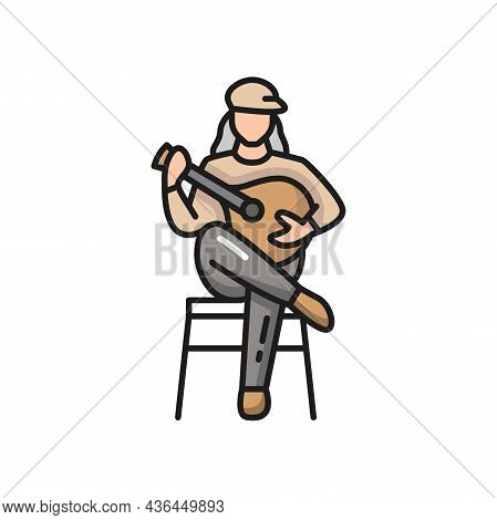 Fado Portuguese Music Player Guitarist With Guitar Isolated. Vector Portugal Guitarist, Singer With 