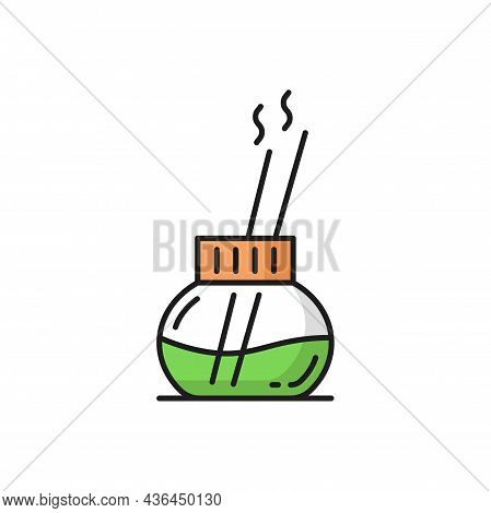 Incense Aroma Sticks With Smoke In Bottle Isolated. Vector Aroma Joss Sticks In Glass Vase, Spa, Aro