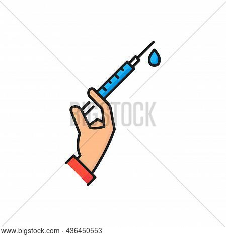 Mesotherapy, Syringe Inject In Hand Isolated Color Line Icon. Vector Mesotherapy, Needle With Drop, 