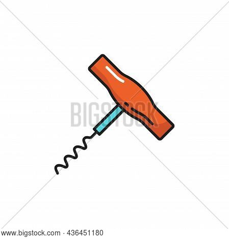 Wine Bottle Opener Isolated Corkscrew Color Line Icon. Vector Twisted Spin To Open Wine With Red Woo