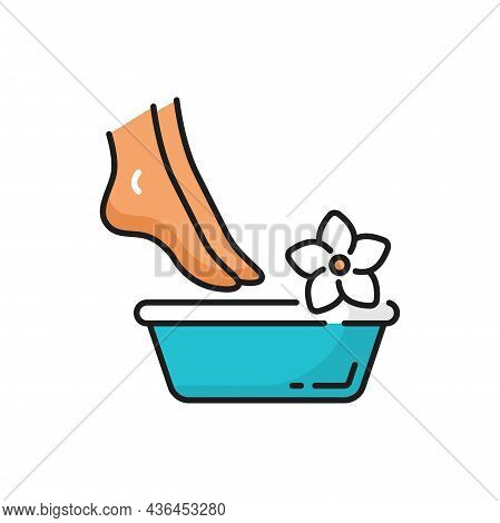 Foot And Nails Treatment, Pedicure And Spa Bowl With Flower Isolated Color Line Icon. Vector Feet Tr