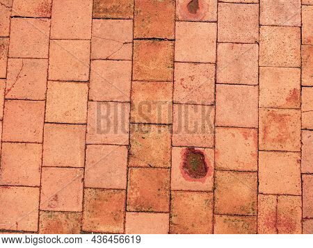 Clay Ancient Brick Flooring Tilles. Historical Tilled Pavement In Kosumber Castle , Czechia.