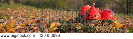 Halloween Pumpkin With Funny Faces In Eco-friendly Mesh On Fallen Leaves Banner