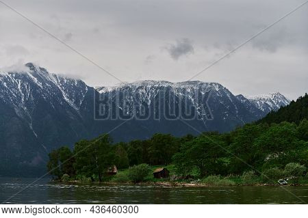 Beautiful Panoramic View At Kucherla Mountain Lake And Mountain Range. Belukha National Park, Altai 