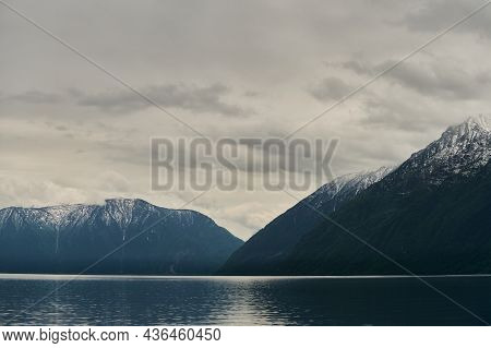 Beautiful Panoramic View At Kucherla Mountain Lake And Mountain Range. Belukha National Park, Altai 