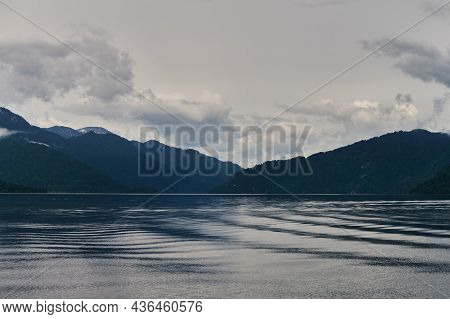 Beautiful Panoramic View At Kucherla Mountain Lake And Mountain Range. Belukha National Park, Altai 