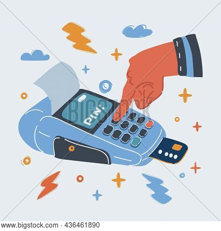 Vector Illustration Of Pos Terminal, Credit Cards And Hand Put Pincode.