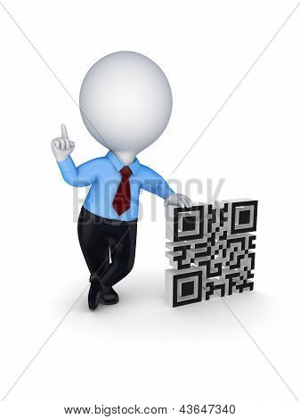 3D küçük kişi ve QR kodu sembolü.