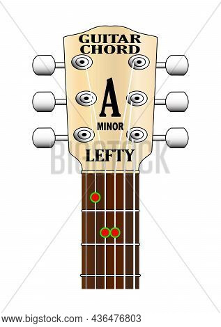 Left Handed Guitar Chord Fingering On A Guitar Fretboard Isolated Over A White Background.