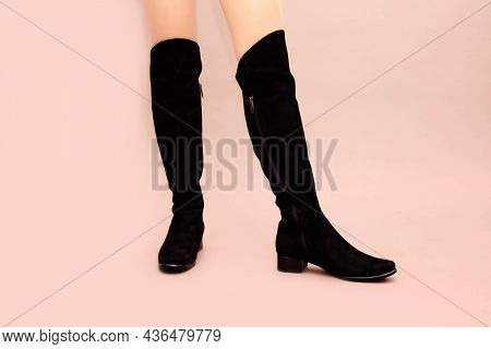 Black Suede Leather High Long Boots Jackboots Without Heels, With Flat Sole And Sexy Caucasian Femal