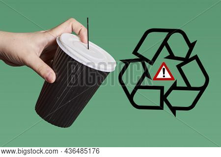 Recycling Single-use Plastic Items. A Person Holds Sing-use Coffee Cup Over Recycling Symbol. Concep
