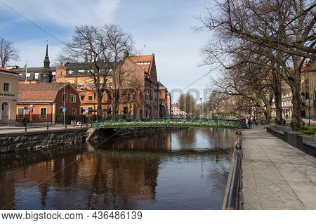 Sweden, Uppsala - April 19 2019: The View Of A Bridge On A Canal On April 19 2019 In Uppsala, Sweden