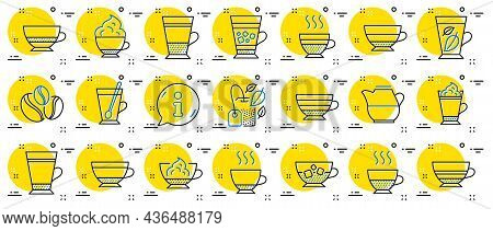 Coffee Types And Tea Icons. Set Of Latte, Frappe And Cappuccino Icons. Espresso, Doppio And Cafe Cre