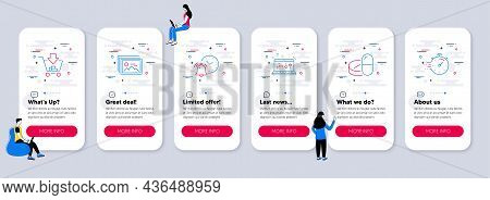 Set Of Line Icons, Such As Alarm Clock, Shopping, Image Gallery Icons. Ui Phone App Screens With Tea