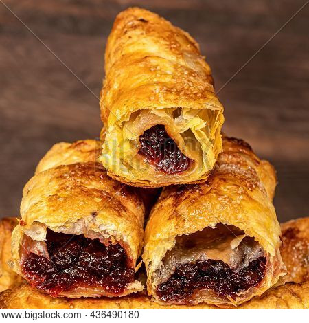 Butter Puff Pastry Filled With Plum Jam Close Up