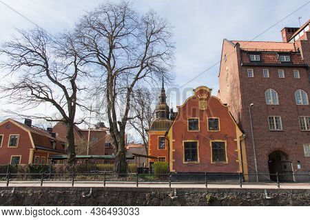Sweden, Uppsala - April 19 2019: Exterior View Of Old Scandinavian Buildings On A Typical Street On 