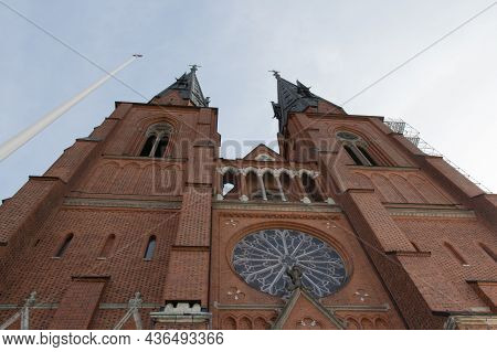 Sweden, Uppsala - April 19 2019: Exterior View Of Uppsala Cathedral, Scandinavian Largest Church On 