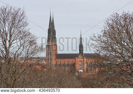 Sweden, Uppsala - April 19 2019: Exterior View Of Uppsala Cathedral, Scandinavian Largest Church On 