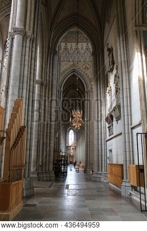 Sweden, Uppsala - April 19 2019: Interior View Of Uppsala Cathedral, Vaulted Ceiling And Chandeliers