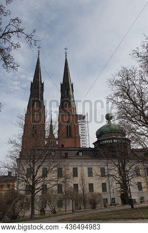 Sweden, Uppsala - April 19 2019: Exterior View Of Uppsala Cathedral, Scandinavian Largest Church On 