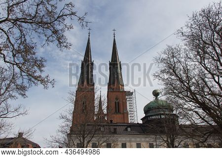 Sweden, Uppsala - April 19 2019: Exterior View Of Uppsala Cathedral, Scandinavian Largest Church On 