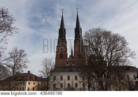 Sweden, Uppsala - April 19 2019: Exterior View Of Uppsala Cathedral, Scandinavian Largest Church On 
