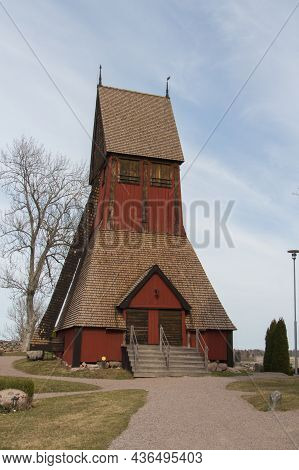 Sweden, Uppsala - April 19 2019: Exterior View Of Old Gamla Uppsala Church Bell Tower On April 19 20