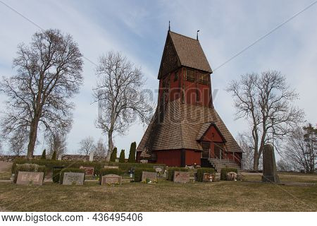 Sweden, Uppsala - April 19 2019: Exterior View Of Old Gamla Uppsala Church Bell Tower On April 19 20