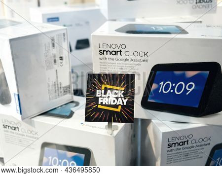 Paris, France - Nov 29, 2020 Multiple Products On Sale From Lenovo Smart Clock With Google Assistant