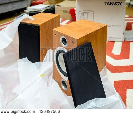 Paris, France - Jun 14, 2021: Unboxed Pair Of New Tannoy Hi-fi Loudspeaker From The British Manufact