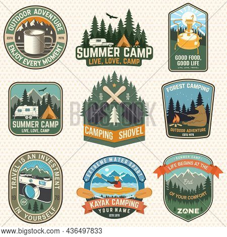 Set Of Summer Camp Patches. Vector Illustration. Concept For Shirt Or Logo, Print, Stamp, Badges Or 