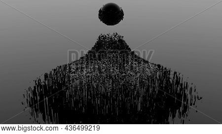 Iron Powder Under The Influence Of A Magnetic Field Gathering Around A Black Sphere. Design. Monochr