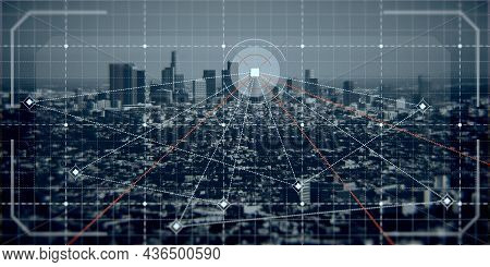 Wide Image Of Abstract City Background With Digial Grid And Mesh. Web, Network, Map And Information 