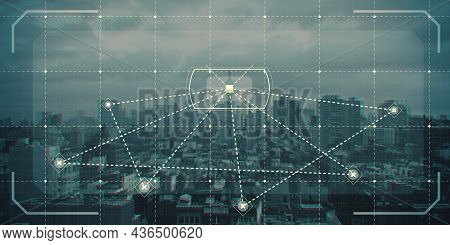 Wide Image Of Abstract City Texture With Digial Grid And Mesh. Web, Network, Map And Information Con