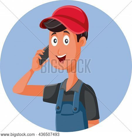 Happy Repairman Answering A Phone Call Vector Cartoon
