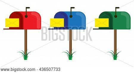 Colored Mailbox Icon Set. Red, Blue, Green Signs. Communication Background. Flat Style. Vector Illus
