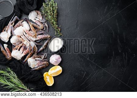 Fresh Raw Blue Swimming Crab Ocean Gourme Parts Set, On Black Background, Top View Flat Lay , With C
