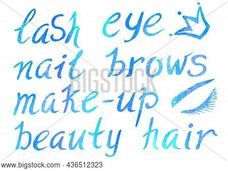 Watercolor Artistic Multicolor Set Of Makeup Elements A Beauty Theme On A White Background. Hand Wri