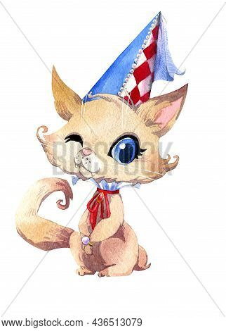 Set Of Watercolor Cliparts. Fabulous Fantastic Medieval Cats. Halloween Theme, Jester, Princess, Gar