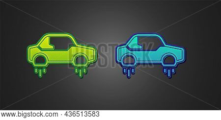 Green And Blue Fantastic Flying Car Icon Isolated On Black Background. Hover Car Future Technology F