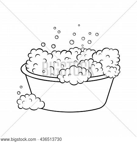 Soaking Laundry, Wash Basin With Foam, Hand Washing. Vector Outline Illustration Isolated On White B